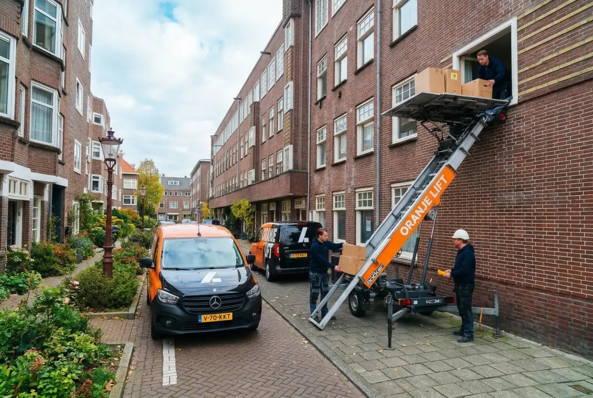 Aanhangerlift geplaatst in een smalle straat in Capelle aan den IJssel