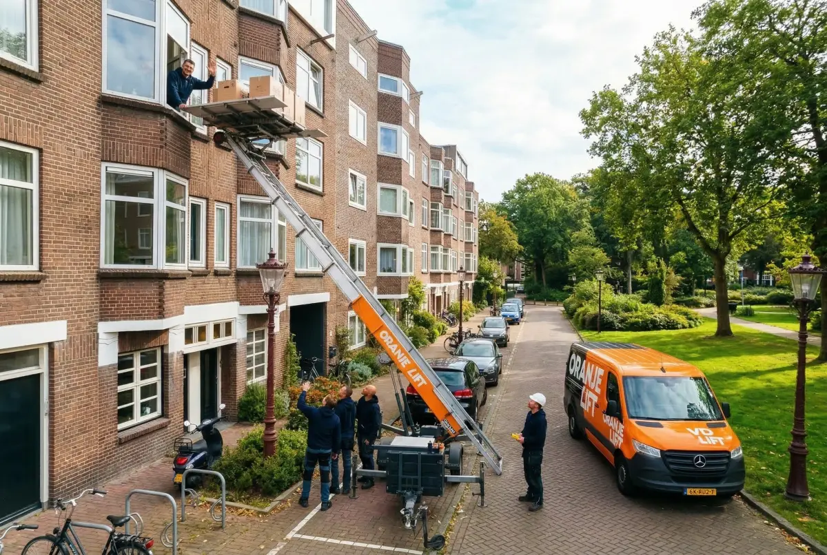Verhuislift hijst meubels bij appartement Hillegersberg